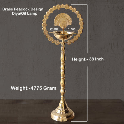 Brass Peacock Top Oil Lamp Stand, Standing Deepak, Diya with 5 wicks, Spiritual Item