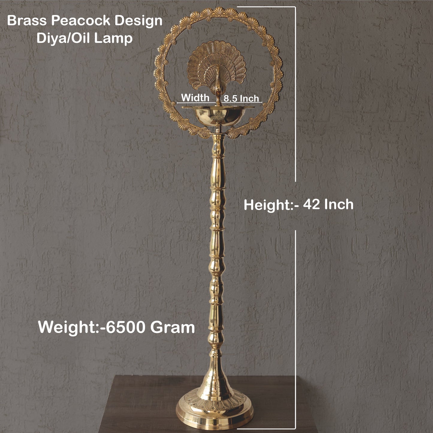 Brass Peacock Top Oil Lamp Stand, Standing Deepak, Diya with 5 wicks, Spiritual Item