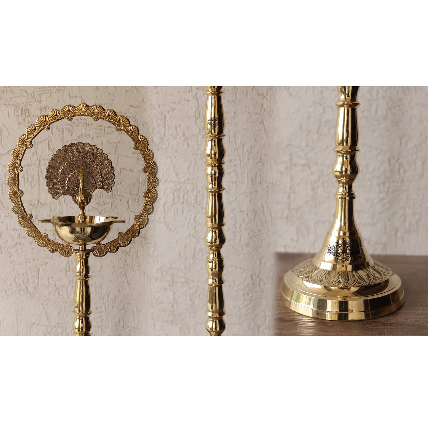 Brass Peacock Top Oil Lamp Stand, Standing Deepak, Diya with 5 wicks, Spiritual Item
