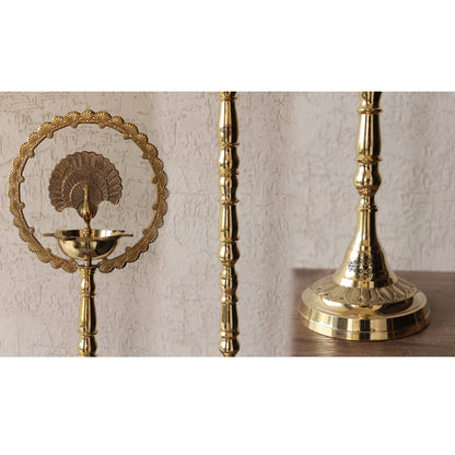 Brass Peacock Top Oil Lamp Stand, Standing Deepak, Diya with 5 wicks, Spiritual Item