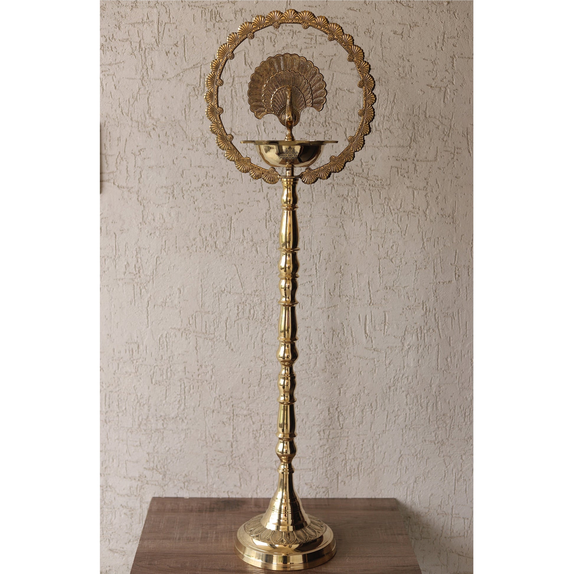 Brass Peacock Top Oil Lamp Stand, Standing Deepak, Diya with 5 wicks, Spiritual Item