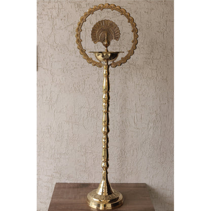Brass Peacock Top Oil Lamp Stand, Standing Deepak, Diya with 5 wicks, Spiritual Item