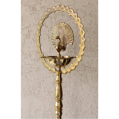 Brass Peacock Top Oil Lamp Stand, Standing Deepak, Diya with 5 wicks, Spiritual Item