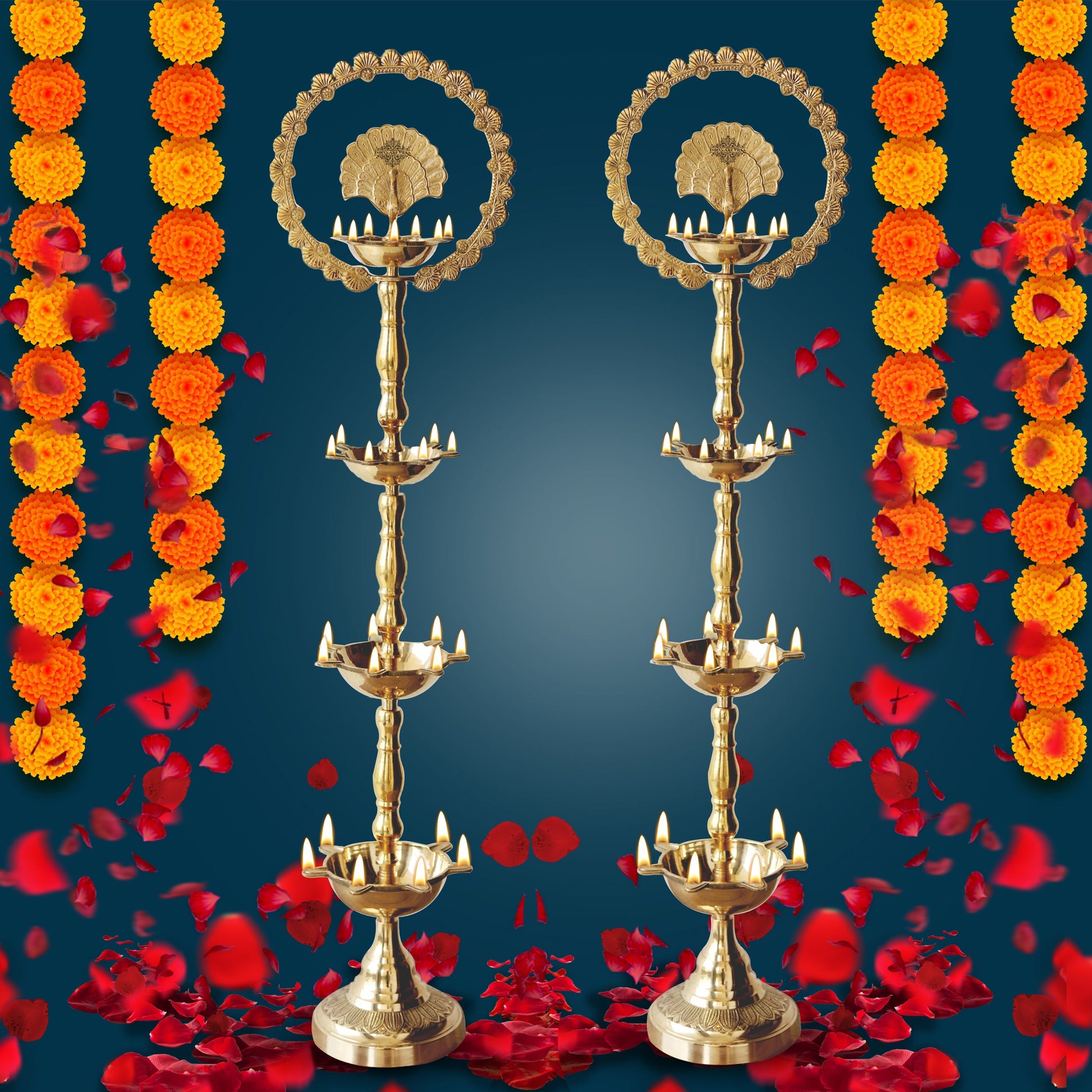 Handcrafted Pure Brass Peacock Top Diya Oil Lamp Stand Diya