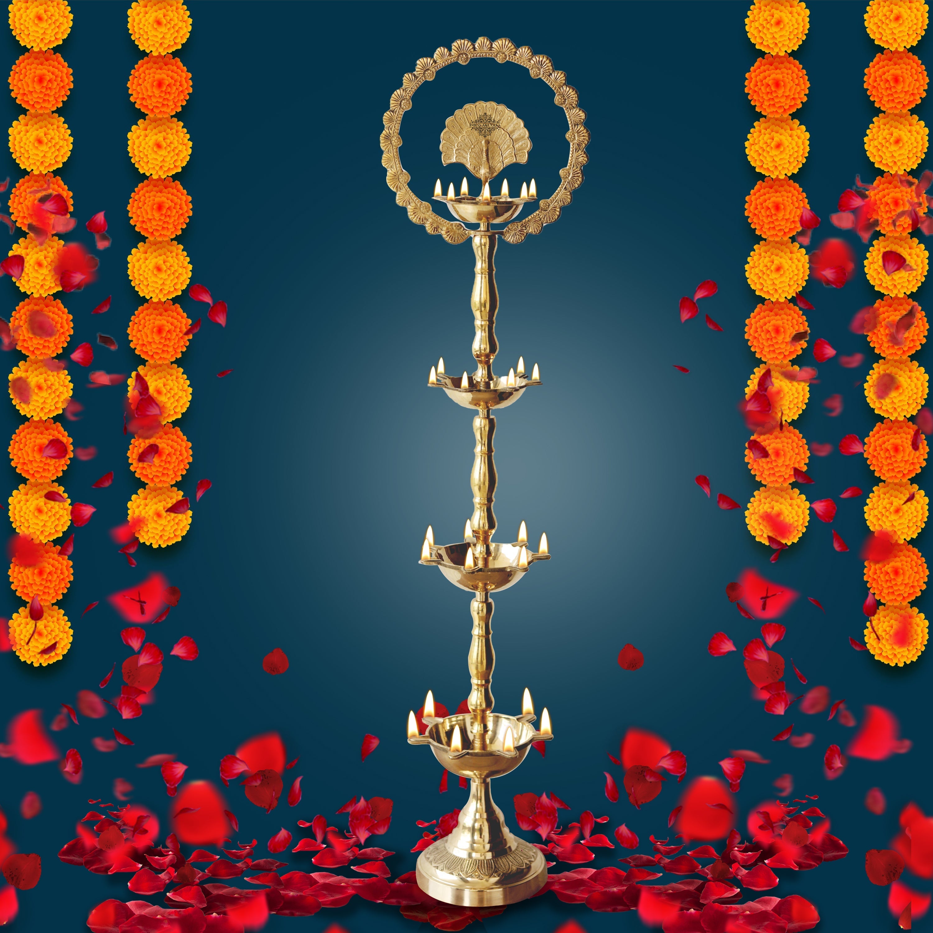 Handcrafted Pure Brass Peacock Top Diya Oil Lamp Stand Diya