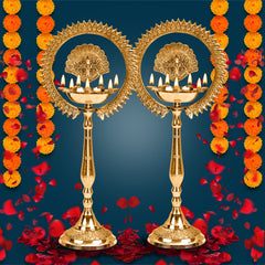 Pure Brass Stand Pillar Diya With Kerala+Mor Kiran+3 Deepak Design