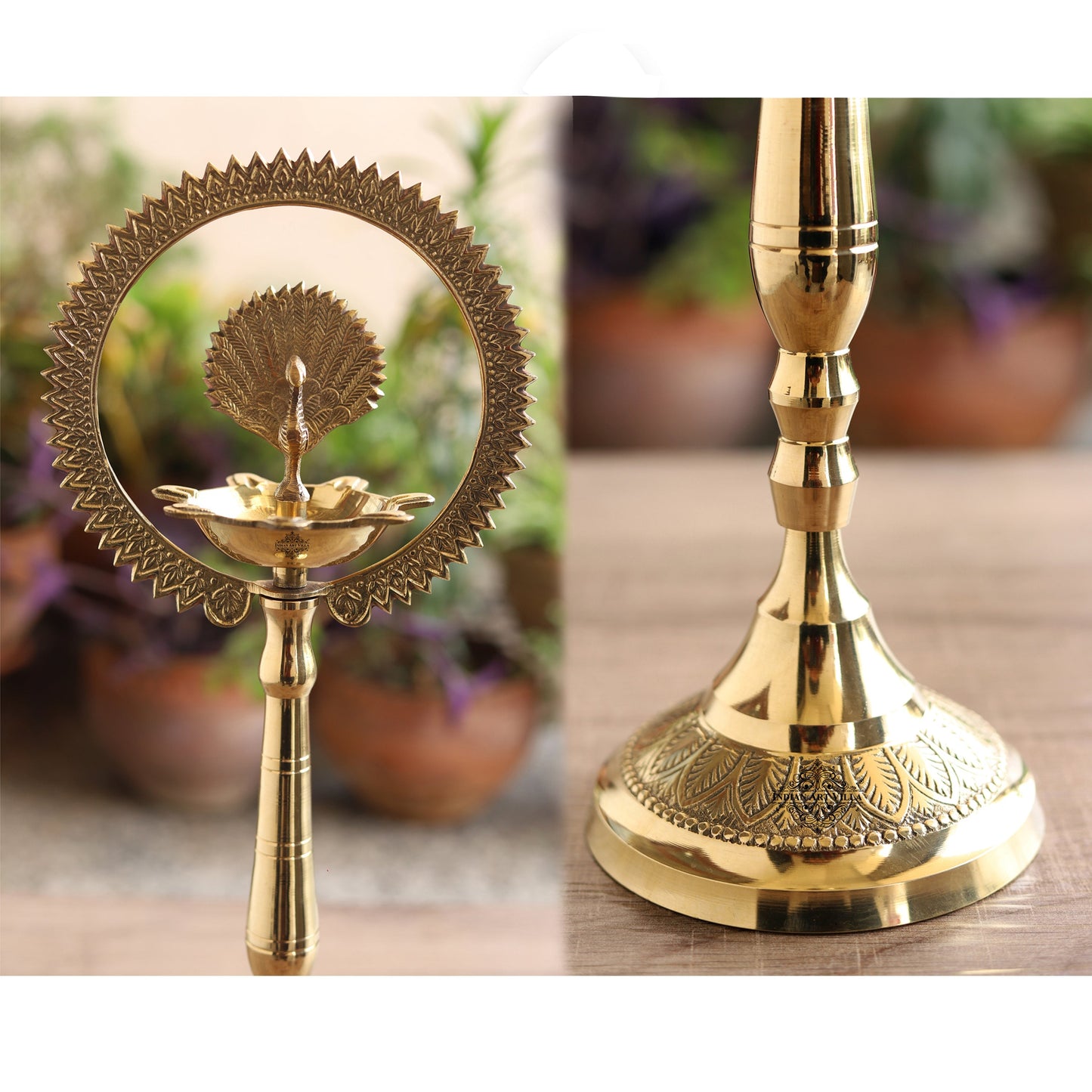 Pure Brass Stand Pillar Diya With Kerala+Mor Kiran+3 Deepak Design