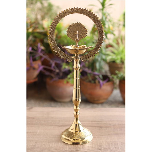 Pure Brass Stand Pillar Diya With Kerala+Mor Kiran+3 Deepak Design