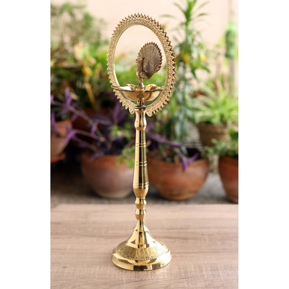 Pure Brass Stand Pillar Diya With Kerala+Mor Kiran+3 Deepak Design