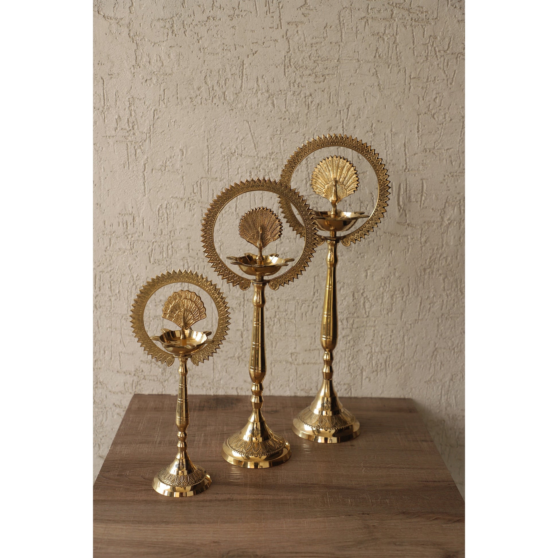 Pure Brass Stand Pillar Diya With Kerala+Mor Kiran+3 Deepak Design
