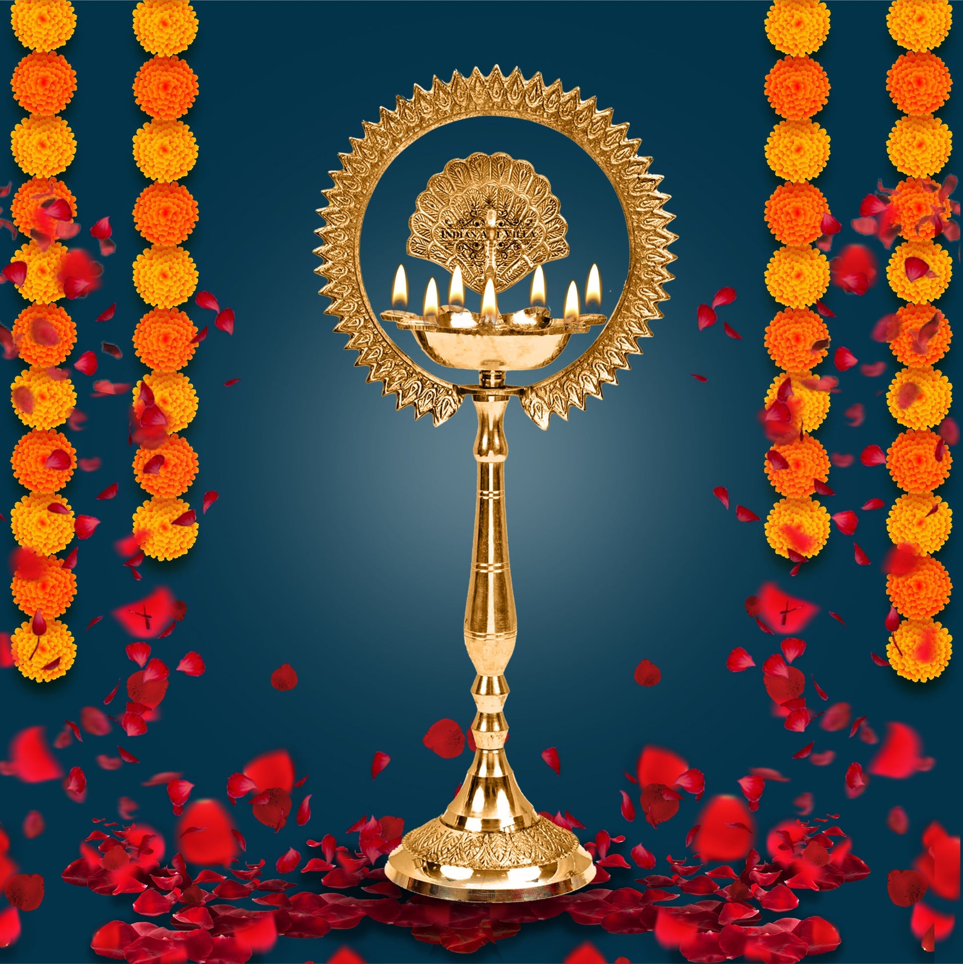 Pure Brass Stand Pillar Diya With Kerala+Mor Kiran+3 Deepak Design