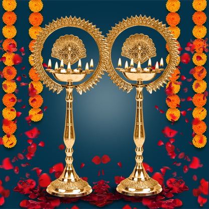 Pure Brass Stand Pillar Diya With Kerala+Mor Kiran+3 Deepak Design