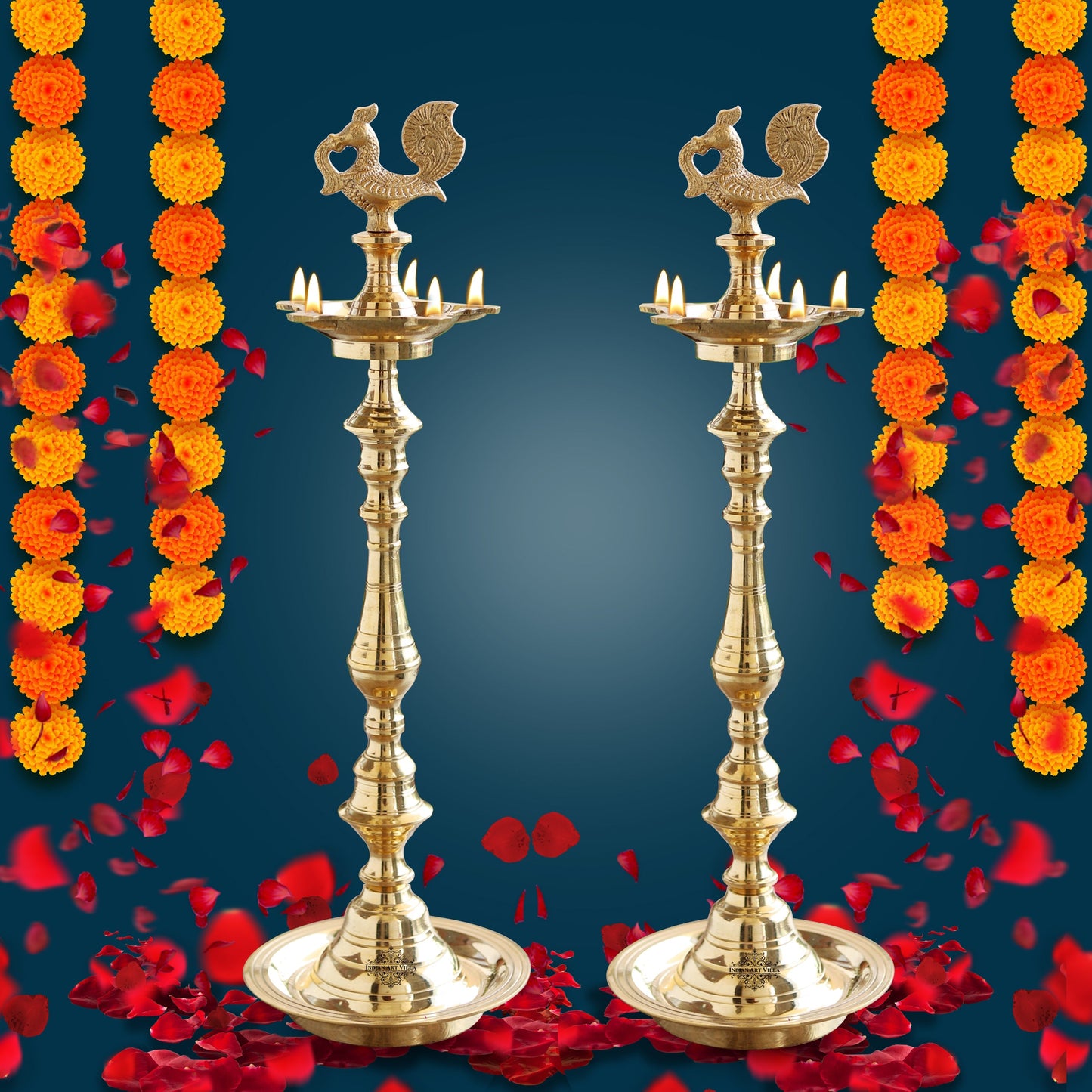 Pure Brass Shine Finish Stand/Pillar Diya/Deepak/Lamp/Lantern With Peacock Design, Pooja, Home Decor & Diwali Gift Item, Height-50.80 cm