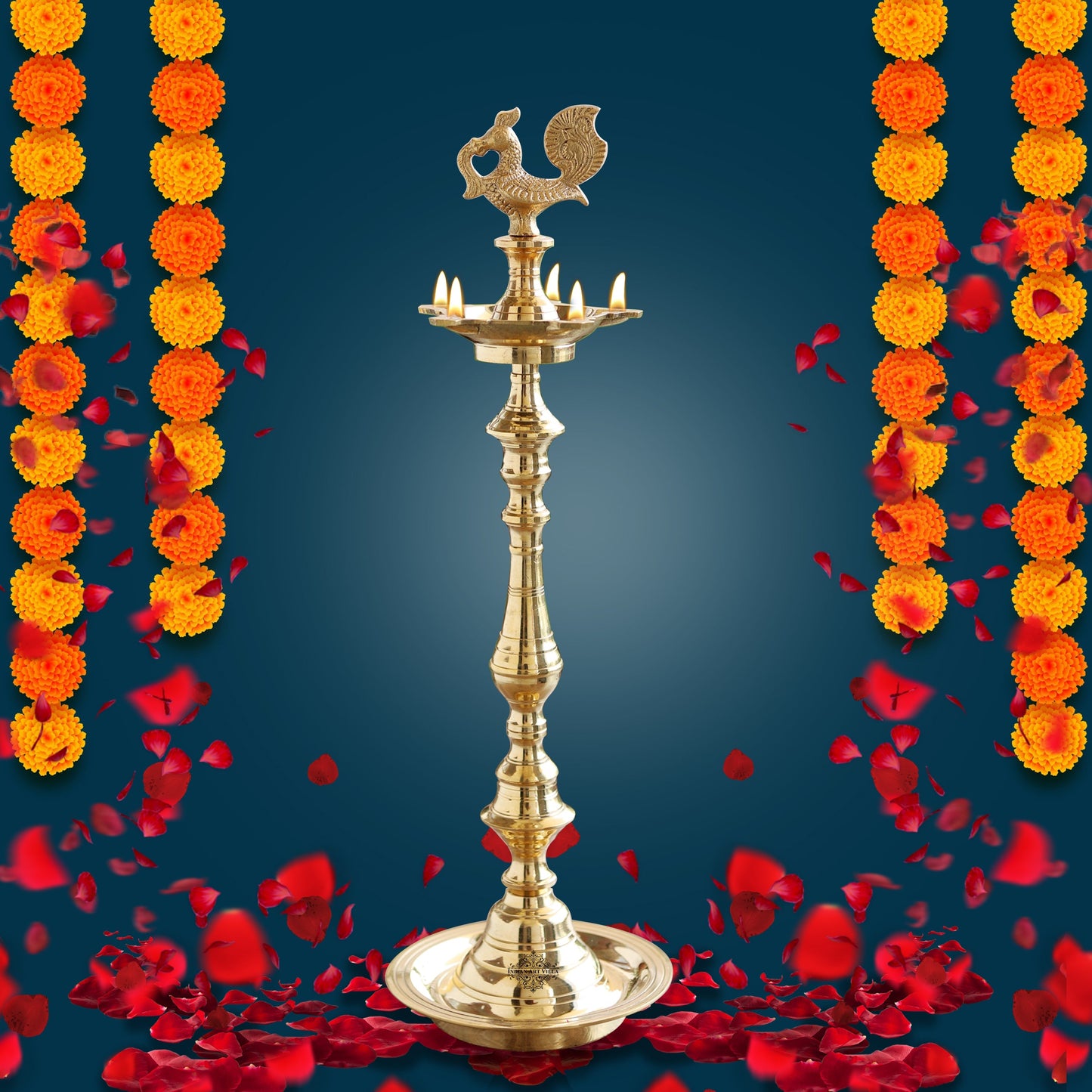 Pure Brass Shine Finish Stand/Pillar Diya/Deepak/Lamp/Lantern With Peacock Design, Pooja, Home Decor & Diwali Gift Item, Height-50.80 cm