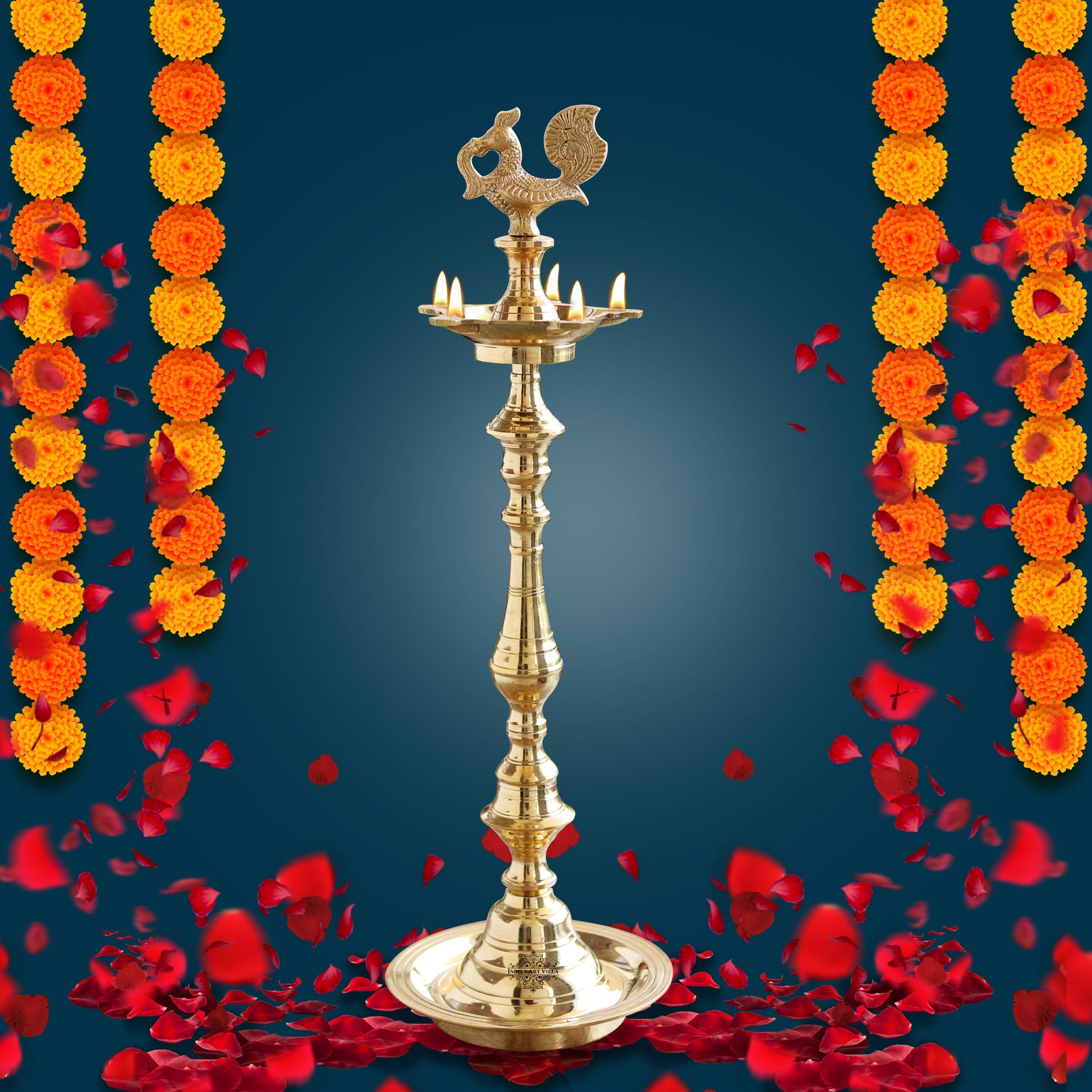 Pure Brass Shine Finish Stand/Pillar Diya/Deepak/Lamp/Lantern With Peacock Design, Pooja, Home Decor & Diwali Gift Item, Height-50.80 cm