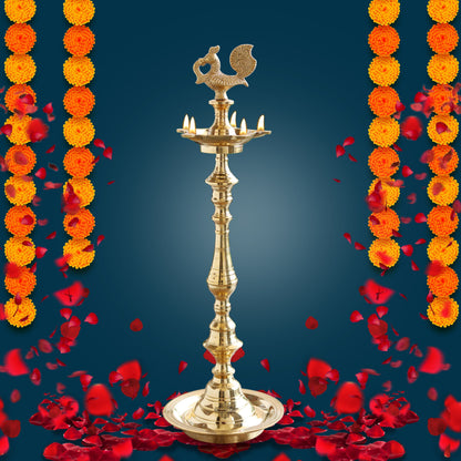 Pure Brass Shine Finish Stand/Pillar Diya/Deepak/Lamp/Lantern With Peacock Design, Pooja, Home Decor & Diwali Gift Item, Height-50.80 cm