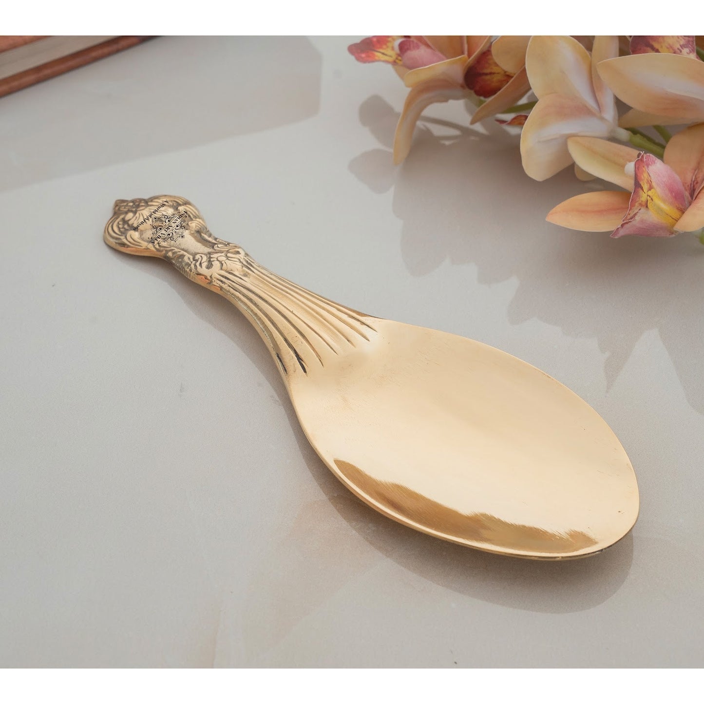Pure Brass Rice Serving Spoon- 9.5 Inch Traditional Golden Finish Spoon, Handcrafted Brass Utensil for Dining, Pooja, Festive Serveware & Gifting