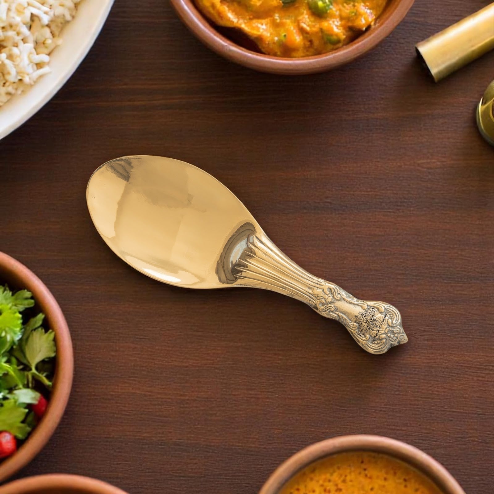 Pure Brass Rice Serving Spoon- 9.5 Inch Traditional Golden Finish Spoon, Handcrafted Brass Utensil for Dining, Pooja, Festive Serveware & Gifting