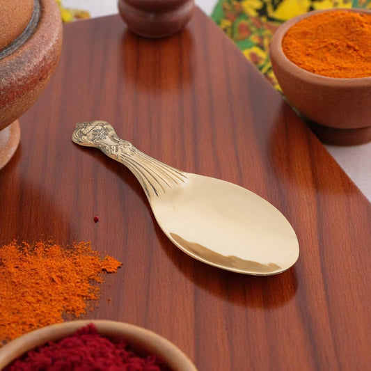 Pure Brass Rice Serving Spoon- 9.5 Inch Traditional Golden Finish Spoon, Handcrafted Brass Utensil for Dining, Pooja, Festive Serveware & Gifting