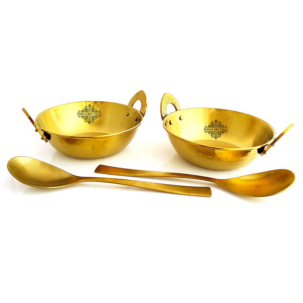 Set of Steel with Brass Finish D/W Hammered Design Kadhai No.1, Kadhai No.2, Serving Spoons x2, 4 Pieces Set