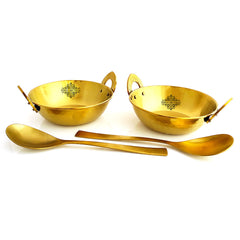 Set of Steel with Brass Finish D/W Hammered Design Kadhai No.1, Kadhai No.2, Serving Spoons x2, 4 Pieces Set