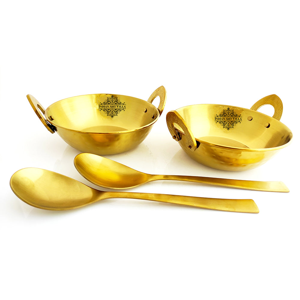 Set of Steel with Brass Finish D/W Hammered Design Kadhai No.1, Kadhai No.2, Serving Spoons x2, 4 Pieces Set