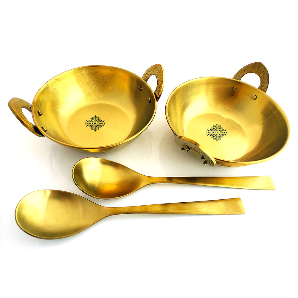 Set of Steel with Brass Finish D/W Hammered Design Kadhai No.1, Kadhai No.2, Serving Spoons x2, 4 Pieces Set