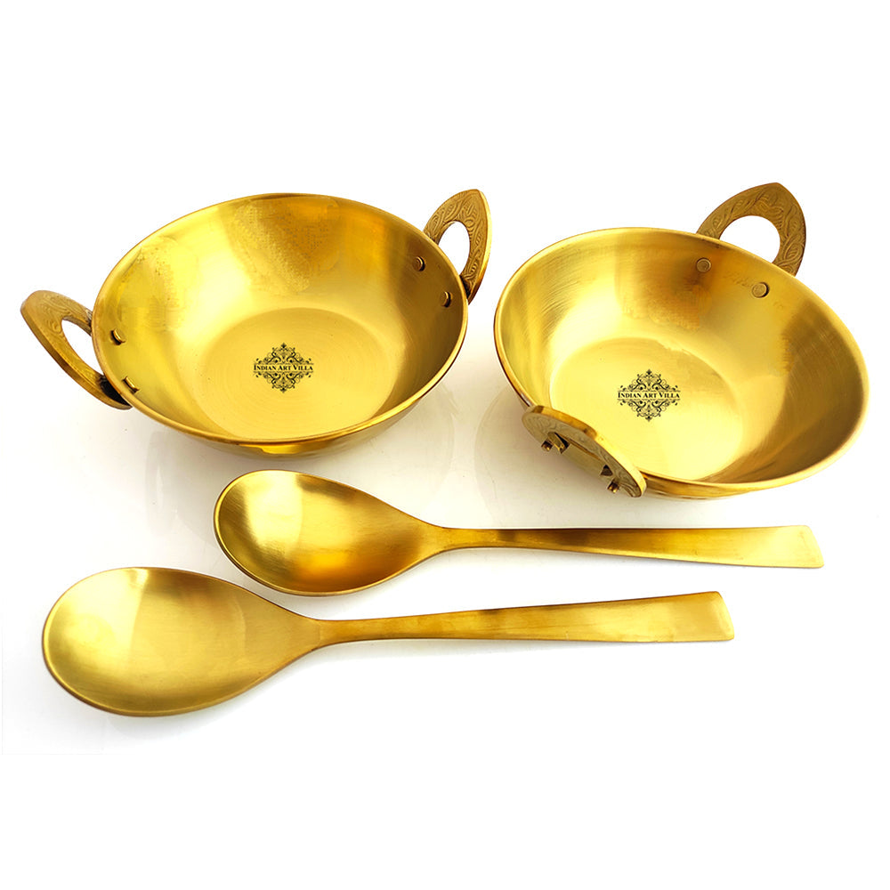 Set of Steel with Brass Finish D/W Hammered Design Kadhai No.1, Kadhai No.2, Serving Spoons x2, 4 Pieces Set