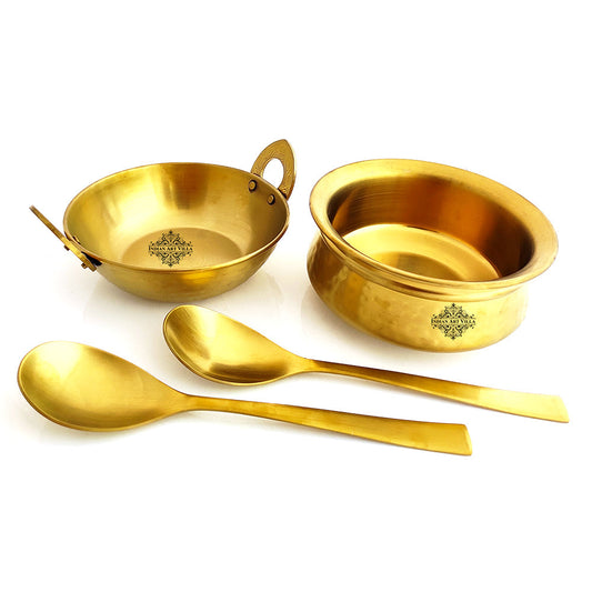 Set of Steel with Brass Finish D/W Hammered Design Handi No.2, Kadhai No.2, Serving Spoon x2, 4 Pieces Set