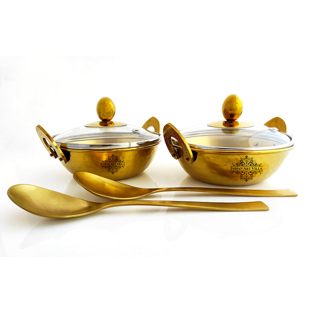 Set of Steel with Brass Finish D/W Hammered Design Kadhai No.1 with Lid No. 1, Kadhai No.2 with Lid No. 2, Serving Spoon x2, 6 Pieces Set