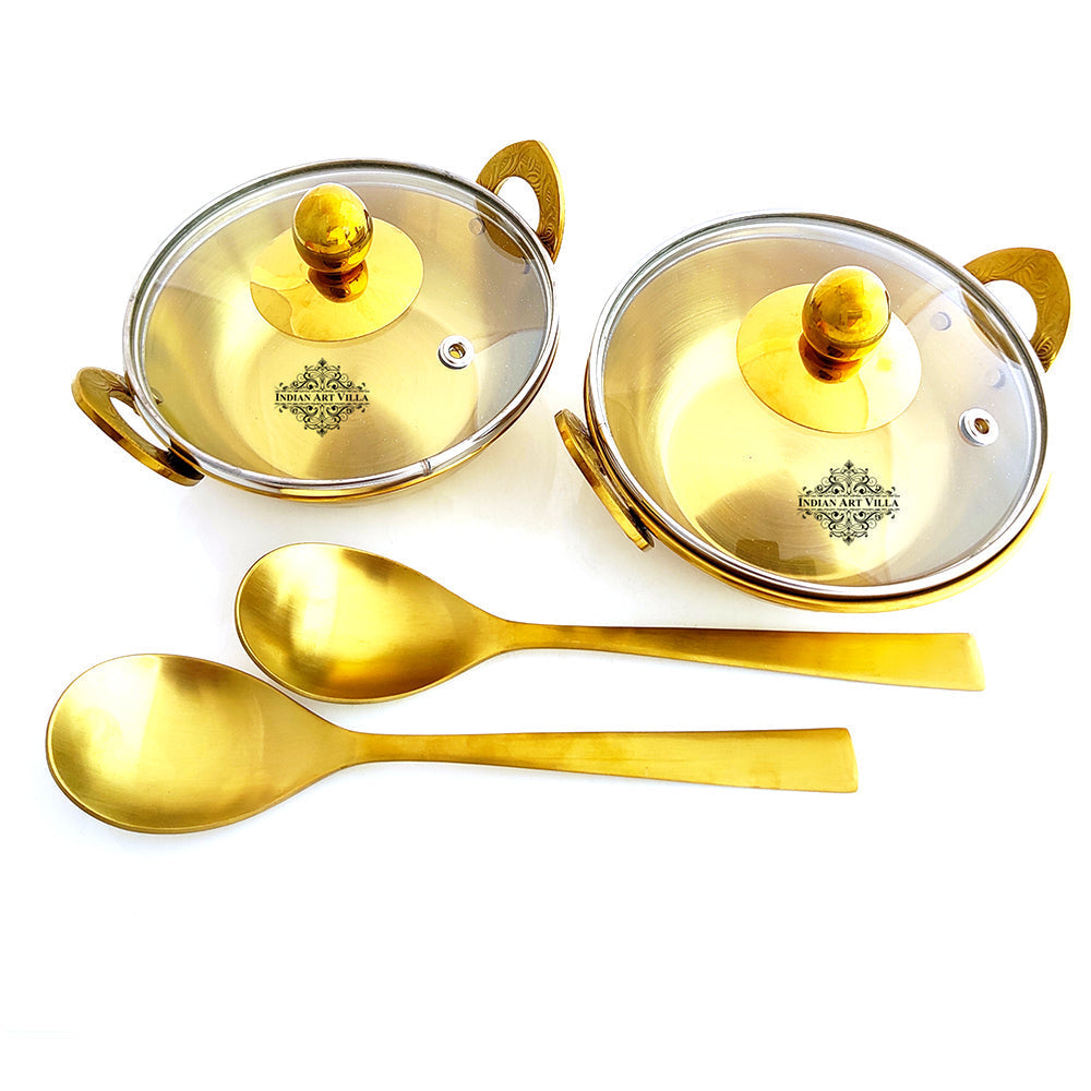 Set of Steel with Brass Finish D/W Hammered Design Kadhai No.1 with Lid No. 1, Kadhai No.2 with Lid No. 2, Serving Spoon x2, 6 Pieces Set