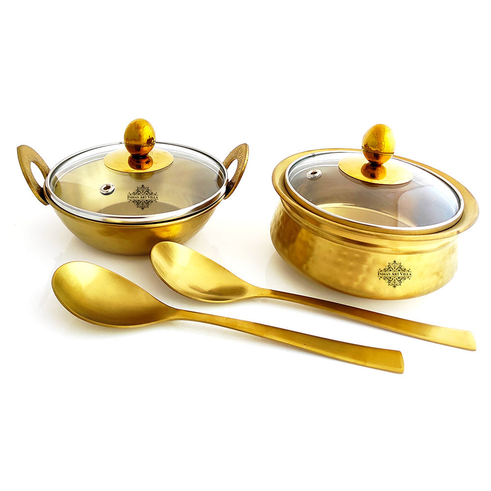 Set of Steel with Brass Finish D/W Hammered Design Handi No.2 with Lid No. 2, Kadhai No.2 with Lid No. 2, Serving Spoon x2, 6 Pieces Set