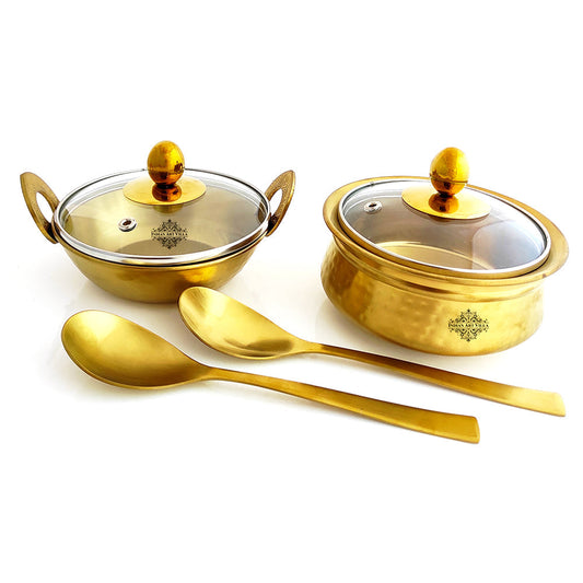 Set of Steel with Brass Finish D/W Hammered Design Handi No.2 with Lid No. 2, Kadhai No.2 with Lid No. 2, Serving Spoon x2, 6 Pieces Set