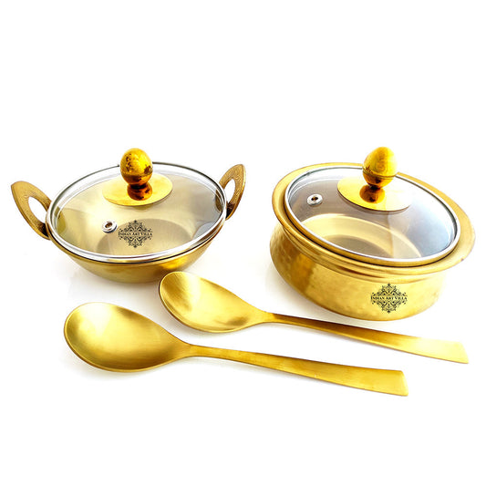 Set of Steel with Brass Finish D/W Hammered Design Handi No.2 with Lid No. 2, Kadhai No.2 with Lid No. 2, Serving Spoon x2, 6 Pieces Set