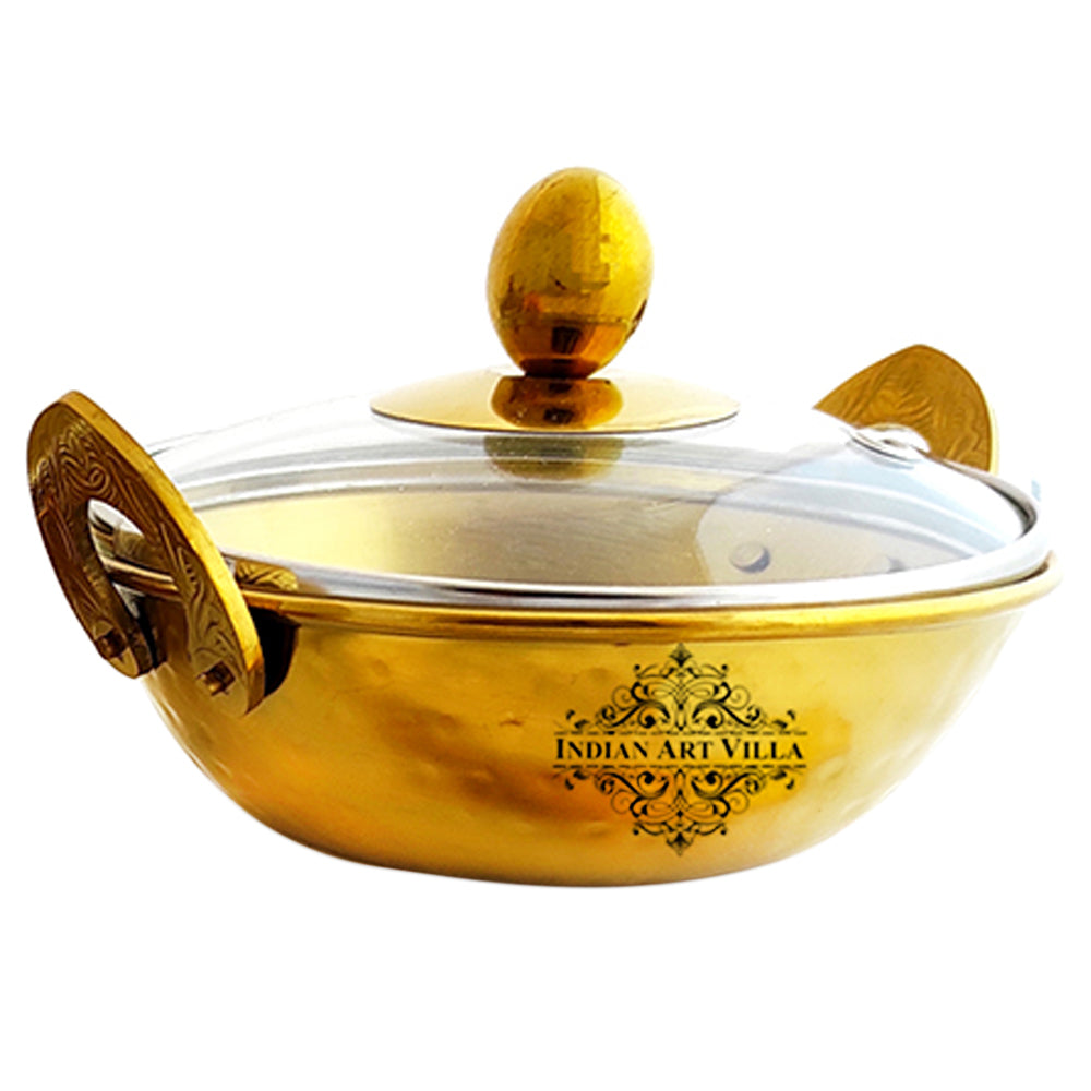 Set of Steel with Brass Finish D/W Hammered Design Handi No.2 with Lid No. 2, Kadhai No.2 with Lid No. 2, Serving Spoon x2, 6 Pieces Set