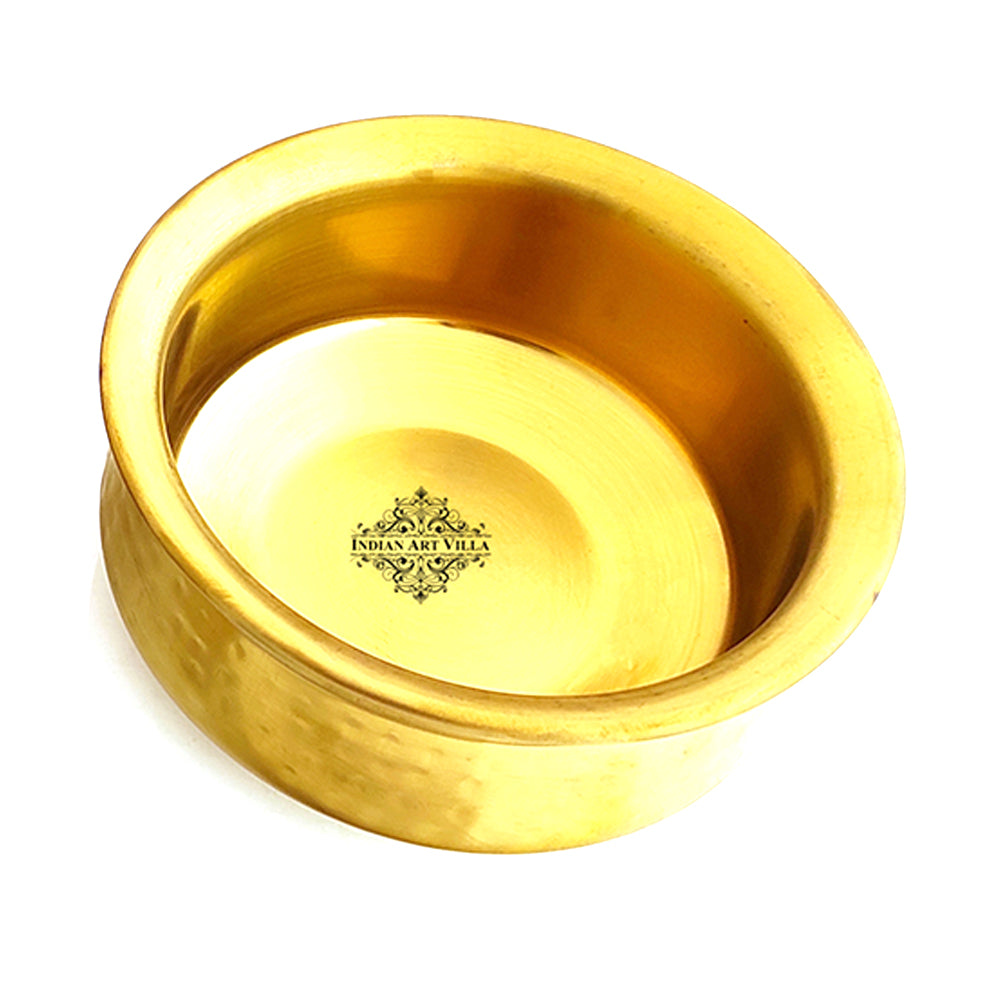 Set of Steel with Brass Finish D/W Hammered Design Handi No.2 with Lid No. 2, Kadhai No.2 with Lid No. 2, Serving Spoon x2, 6 Pieces Set