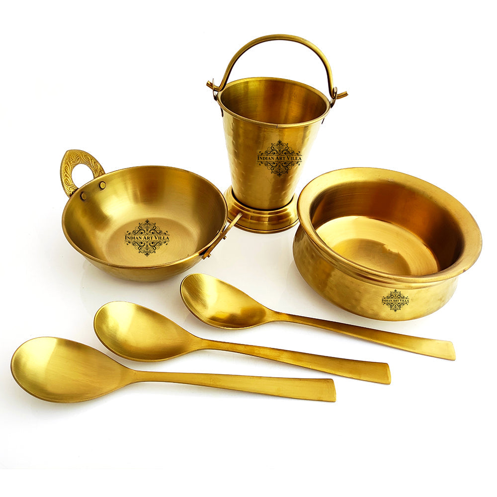 Set of Steel with Brass Finish D/W Hammered Design Handi No.2, Kadhai No.2, Bucket No.1, Serving Spoon x3, 6 Pieces Set