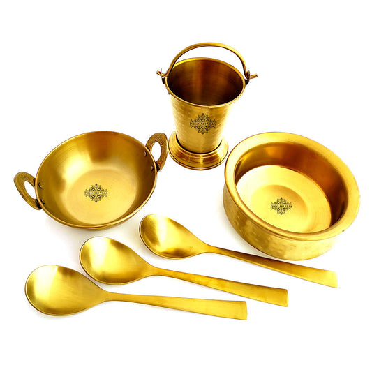 Set of Steel with Brass Finish D/W Hammered Design Handi No.2, Kadhai No.2, Bucket No.1, Serving Spoon x3, 6 Pieces Set