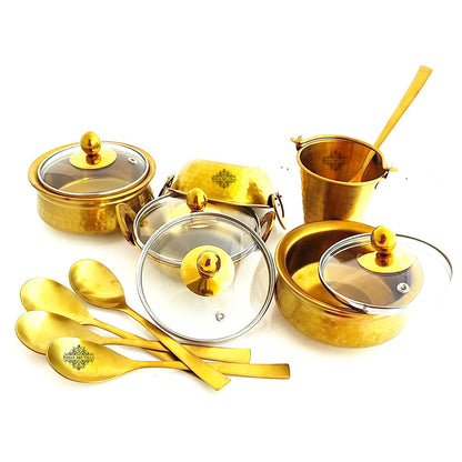 Set of Steel with Brass Finish D/W Hammered Design Handi No.1, 2 with Glass Lid, Kadhai No.1,2 with Glass Lid, Bucket No.1, Serving Spoon x5, 14 Pieces Set
