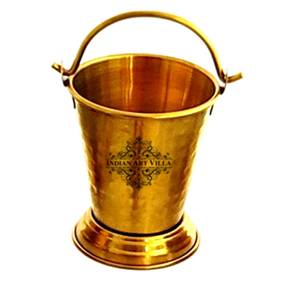 Set of Steel with Brass Finish D/W Hammered Design Handi No.1, 2 with Glass Lid, Kadhai No.1,2 with Glass Lid, Bucket No.1, Serving Spoon x5, 14 Pieces Set