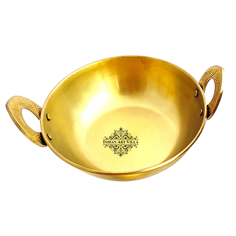 Set of Steel with Brass Finish D/W Hammered Design Handi No.1, 2 with Glass Lid, Kadhai No.1,2 with Glass Lid, Bucket No.1, Serving Spoon x5, 14 Pieces Set