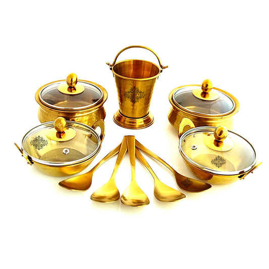 Set of Steel with Brass Finish D/W Hammered Design Handi No.1, 2 with Glass Lid, Kadhai No.1,2 with Glass Lid, Bucket No.1, Serving Spoon x5, 14 Pieces Set