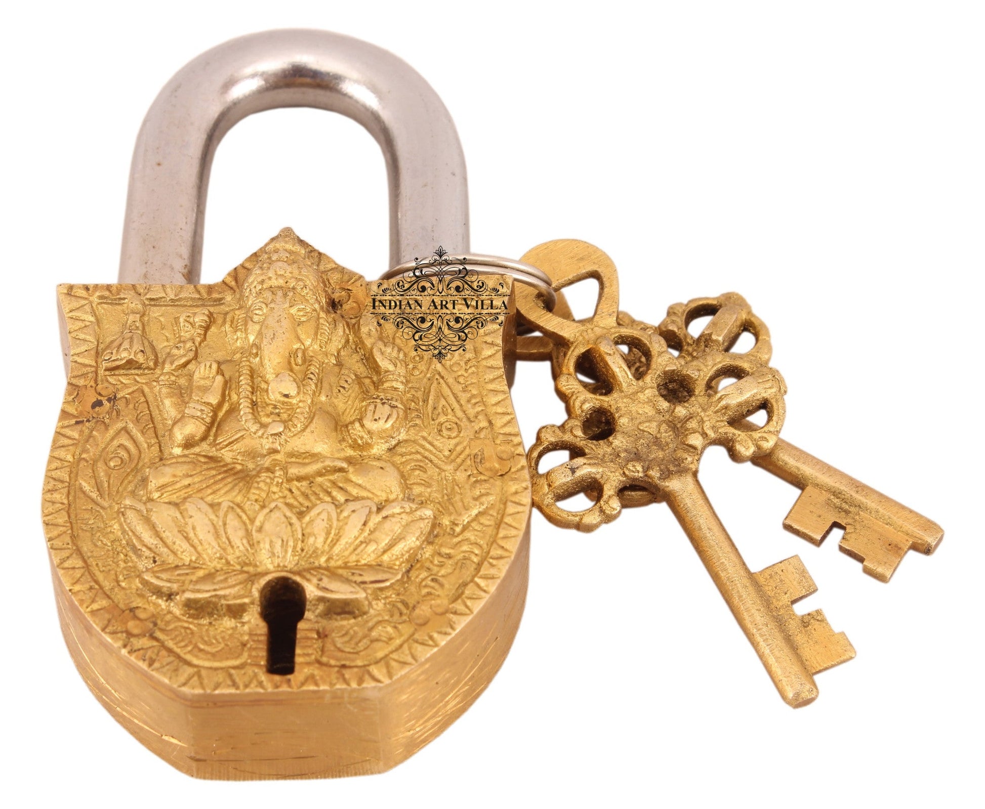 Pure Brass Ganesh Ji Shitting on Lotus Design Lock with 2 Key
