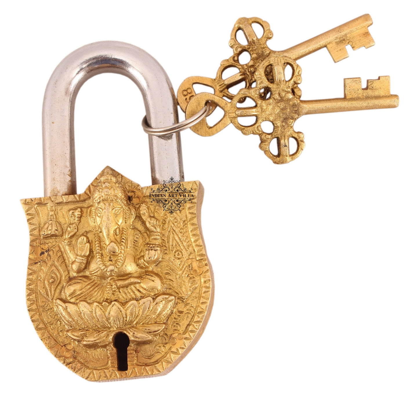 Pure Brass Ganesh Ji Shitting on Lotus Design Lock with 2 Key
