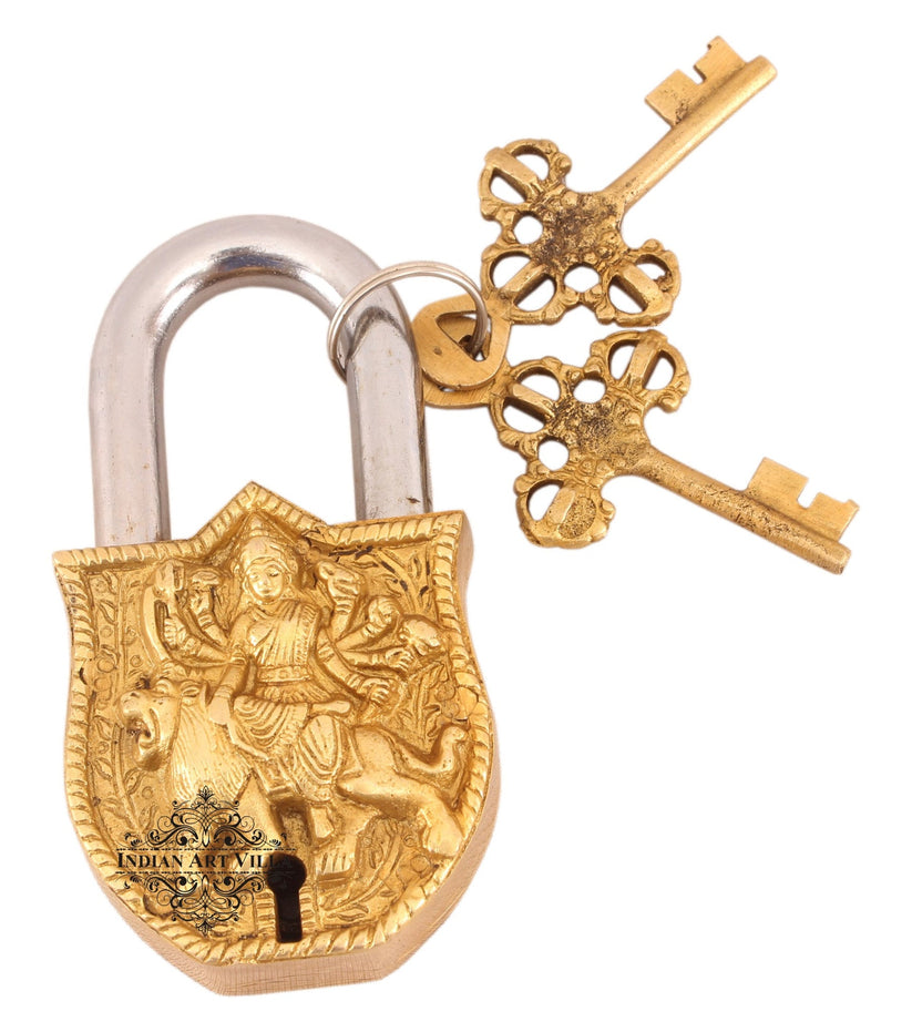 Pure Brass Durga Maa sitting on Lion Design Lock with 2 Key – Velan Store