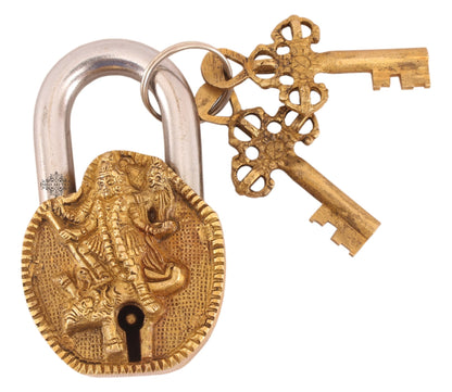 Pure Brass Saraswati Ji Design Big Lock with 2 Keys