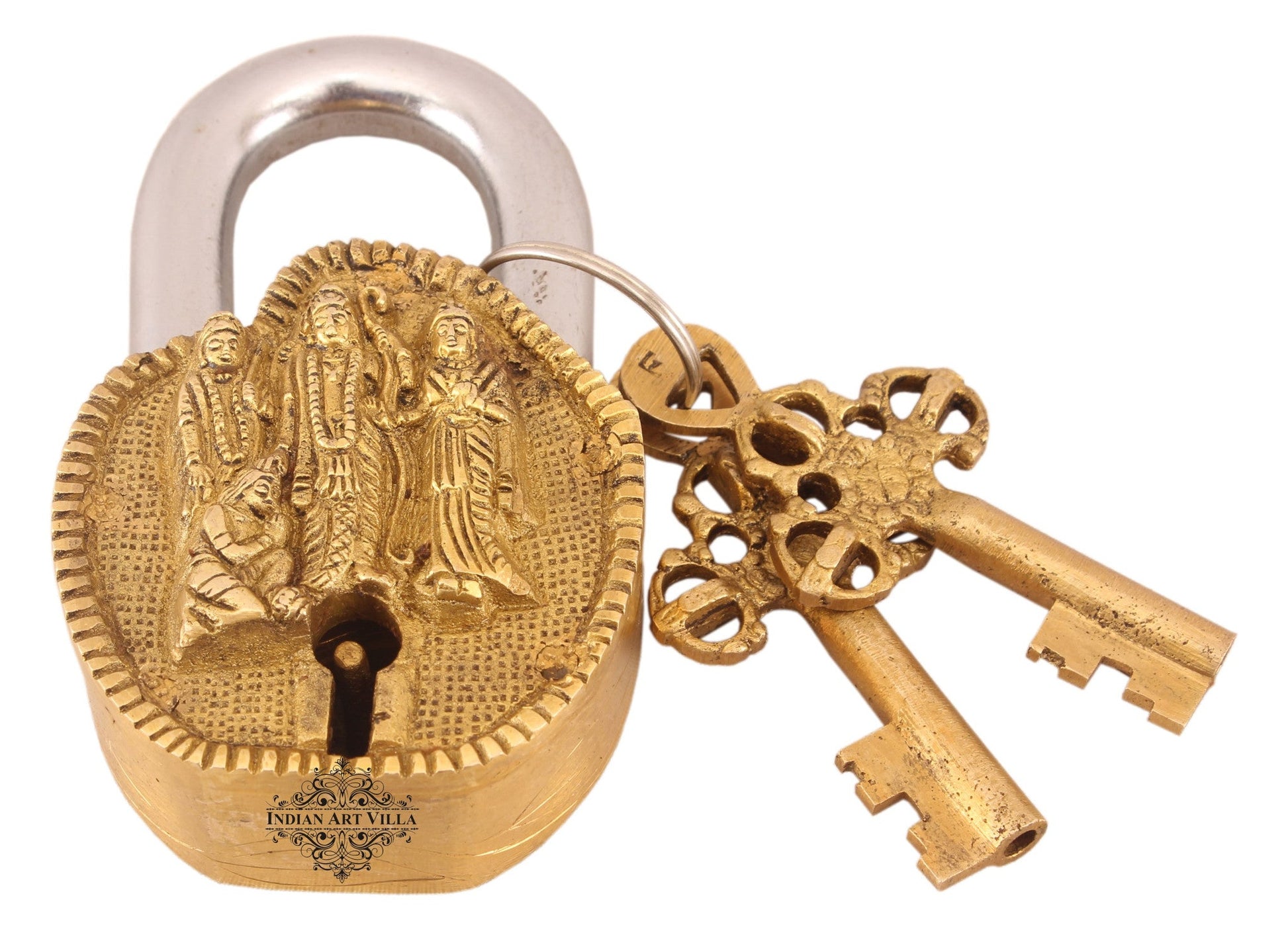 Handmade Old Vintage Style Antique Ram Darbar Design Brass Security Lock with 2 Keys Om Design on Back|Home Temple Office