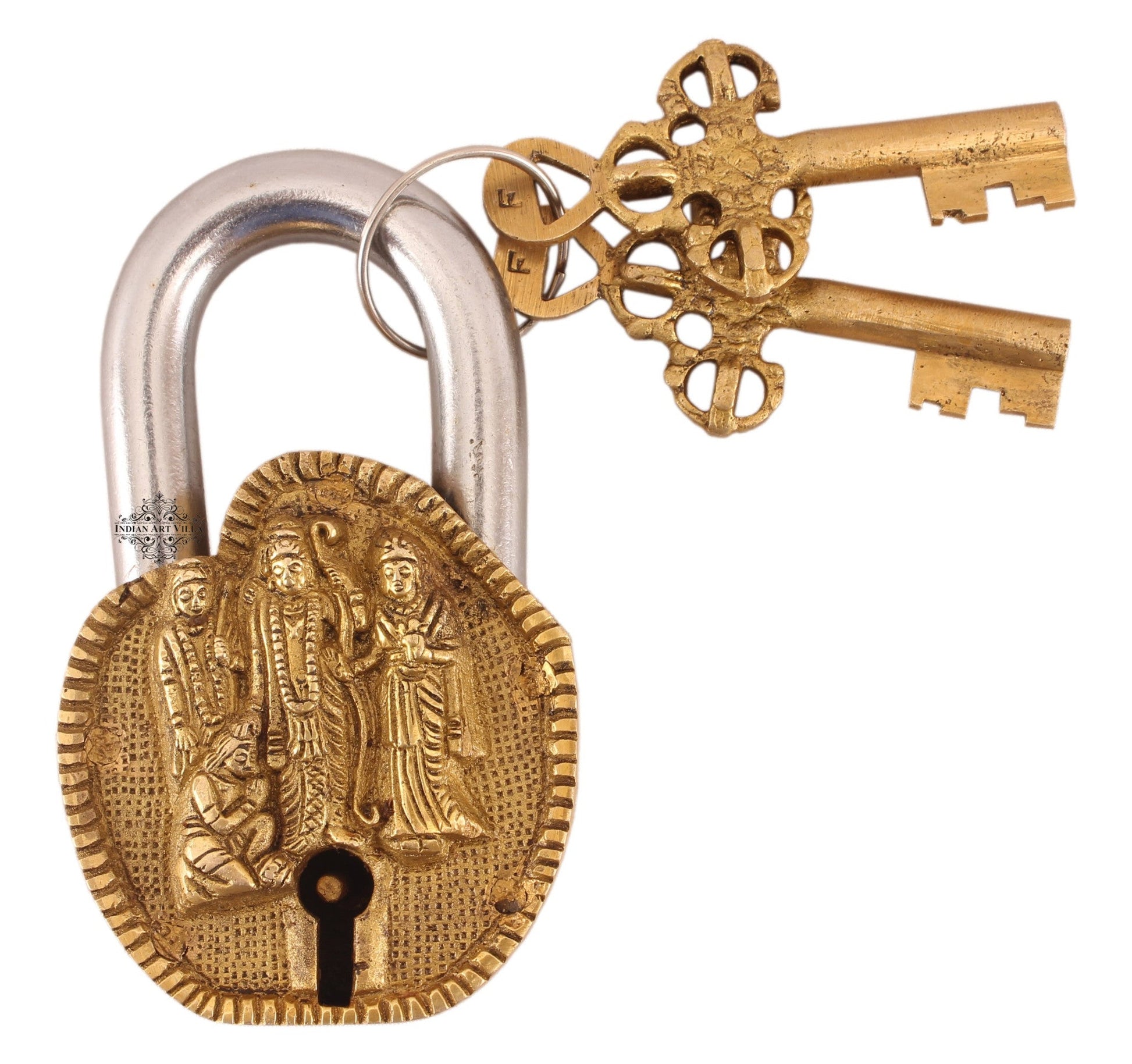 Handmade Old Vintage Style Antique Ram Darbar Design Brass Security Lock with 2 Keys Om Design on Back|Home Temple Office