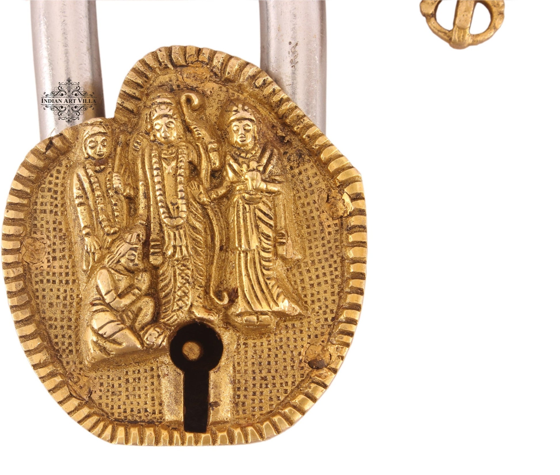 Handmade Old Vintage Style Antique Ram Darbar Design Brass Security Lock with 2 Keys Om Design on Back|Home Temple Office