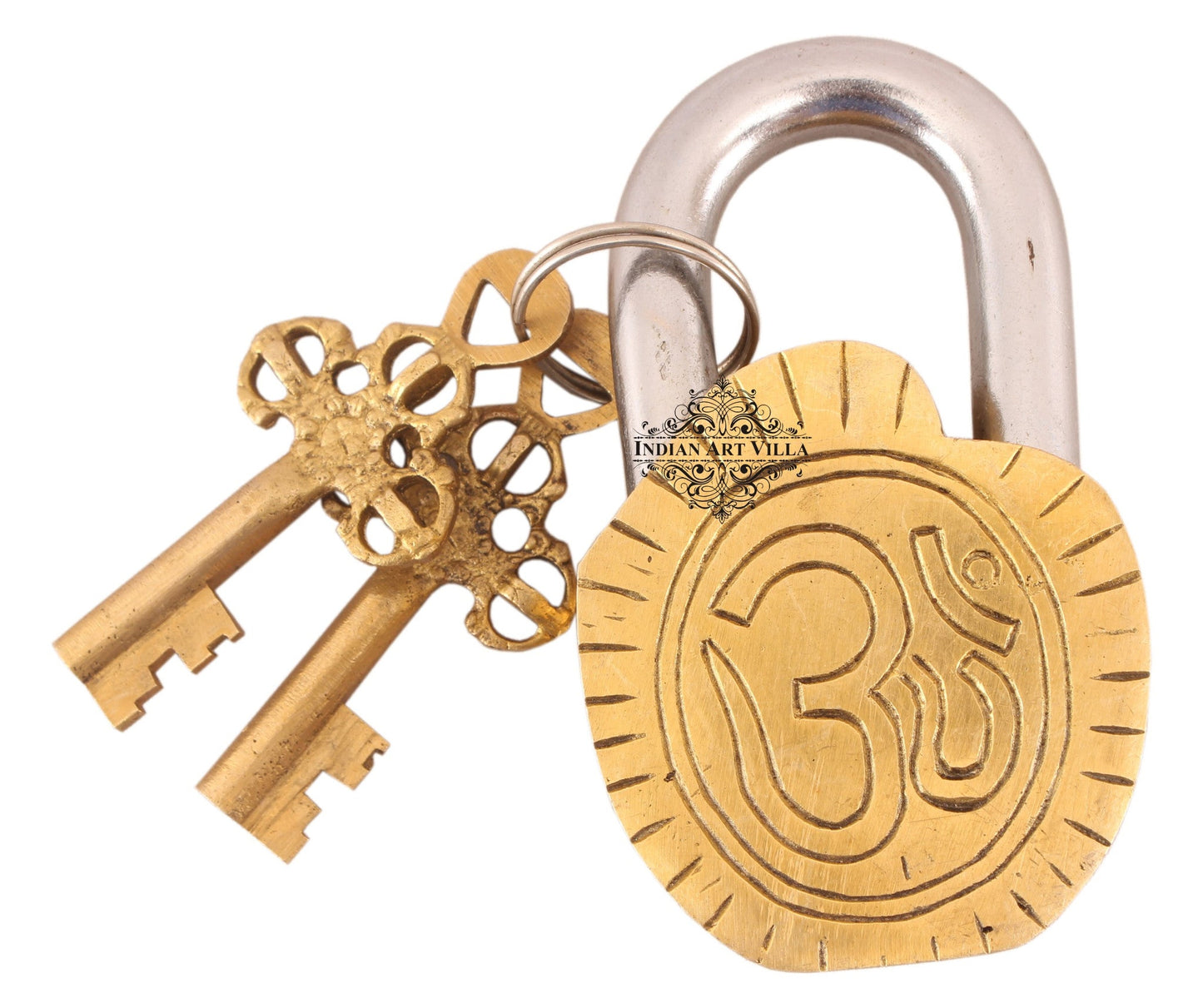 Handmade Old Vintage Style Antique Ram Darbar Design Brass Security Lock with 2 Keys Om Design on Back|Home Temple Office